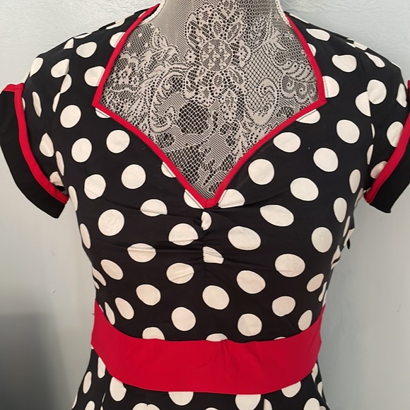 Sourpuss Black and White Polka Dot Mini Dress with Red Accents - Picture 3 of 6